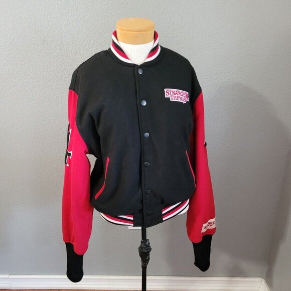 Pacsun Stranger Things Hawkins Varsity Letterman Jacket Size Medium Red Black - Picture 2 of 14